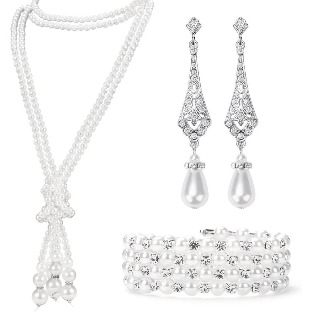 1920s Pearl Jewelry Set Faux Pearl Long Necklace Earrings Bracelet Women